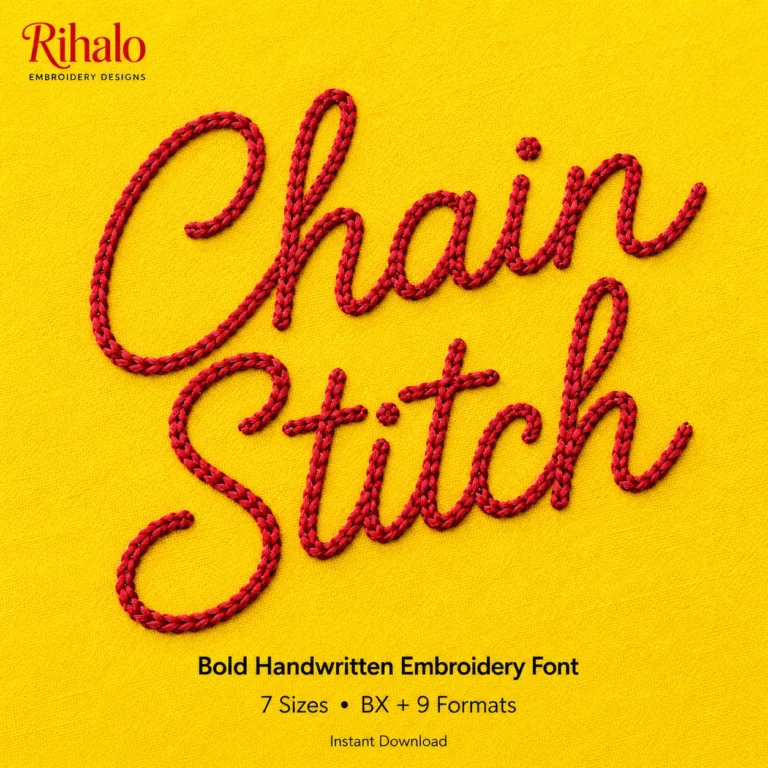 Chain Stitch embroidery font cover image with bold red handwritten stitched lettering on bright yellow background