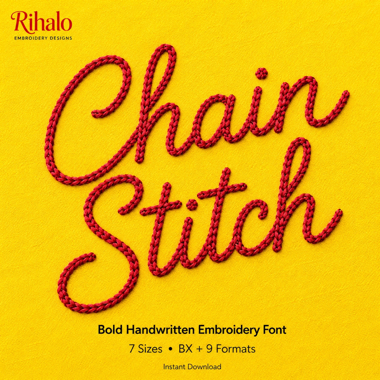 Chain Stitch embroidery font cover image with bold red handwritten stitched lettering on bright yellow background