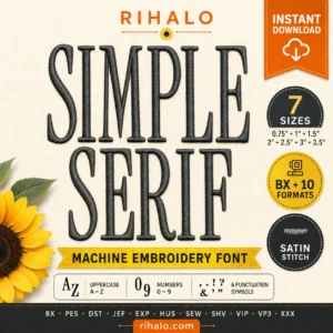 Simple Serif Tall machine embroidery font with 7 sizes, satin stitch and BX plus 10 formats