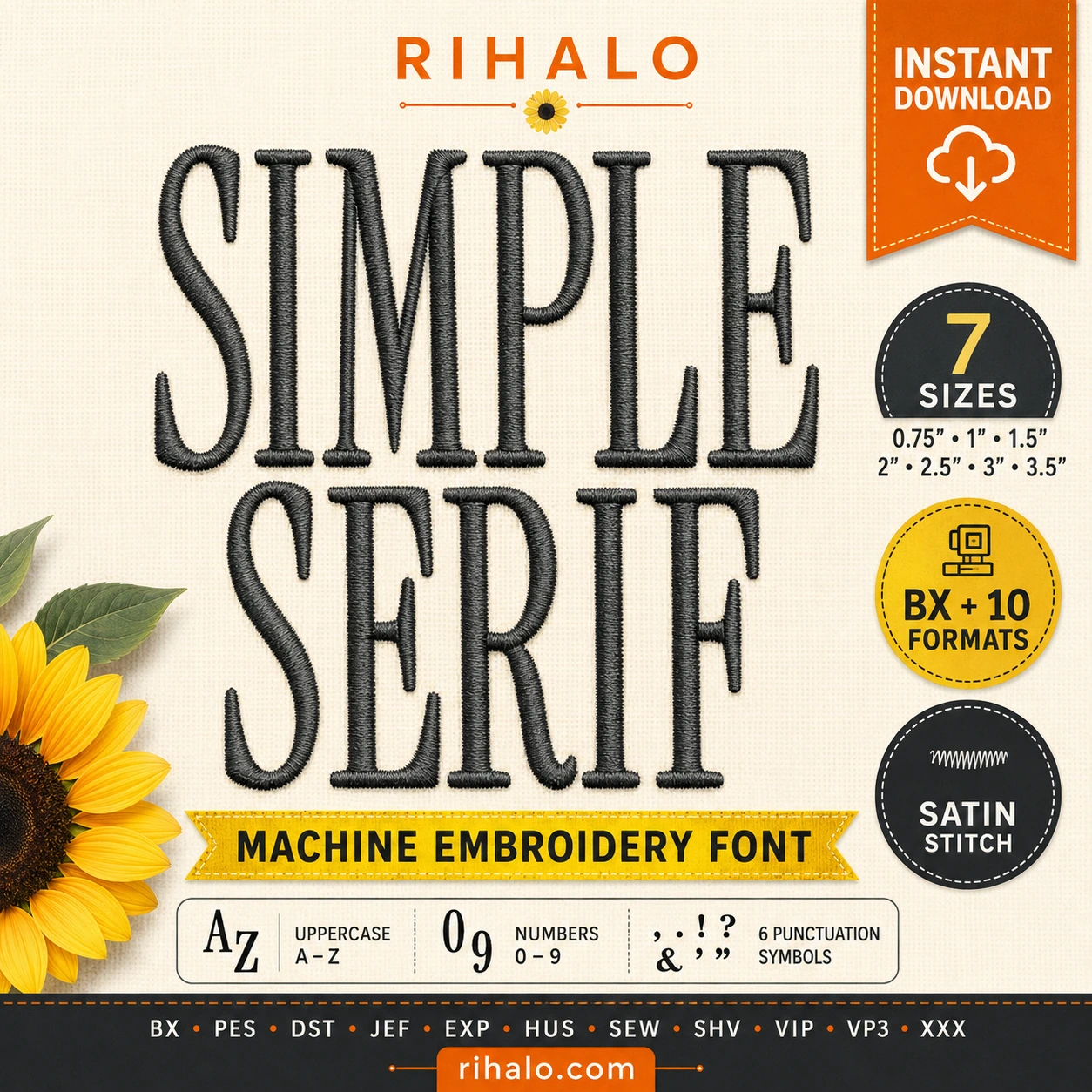 Simple Serif Tall machine embroidery font with 7 sizes, satin stitch and BX plus 10 formats