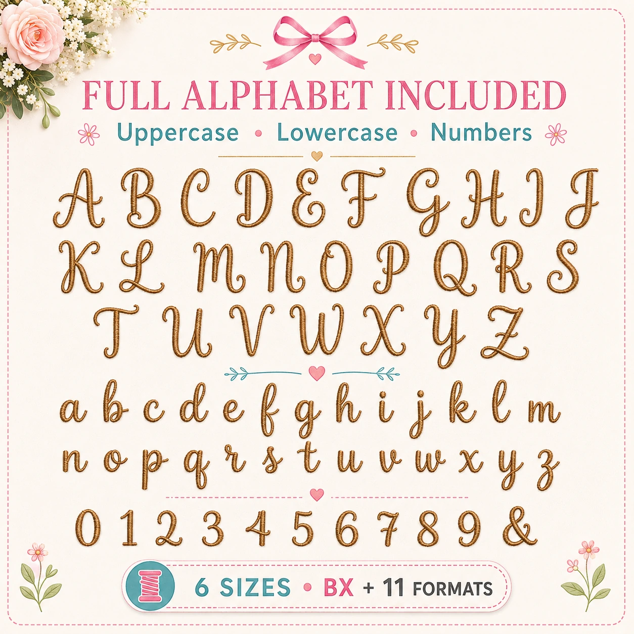 Audrey embroidery font full alphabet with uppercase lowercase letters numbers and cursive embroidery characters