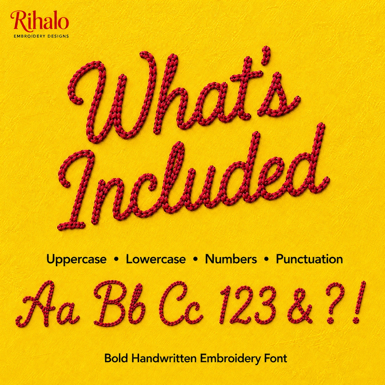 Chain Stitch embroidery font features image showing uppercase, lowercase, numbers and punctuation