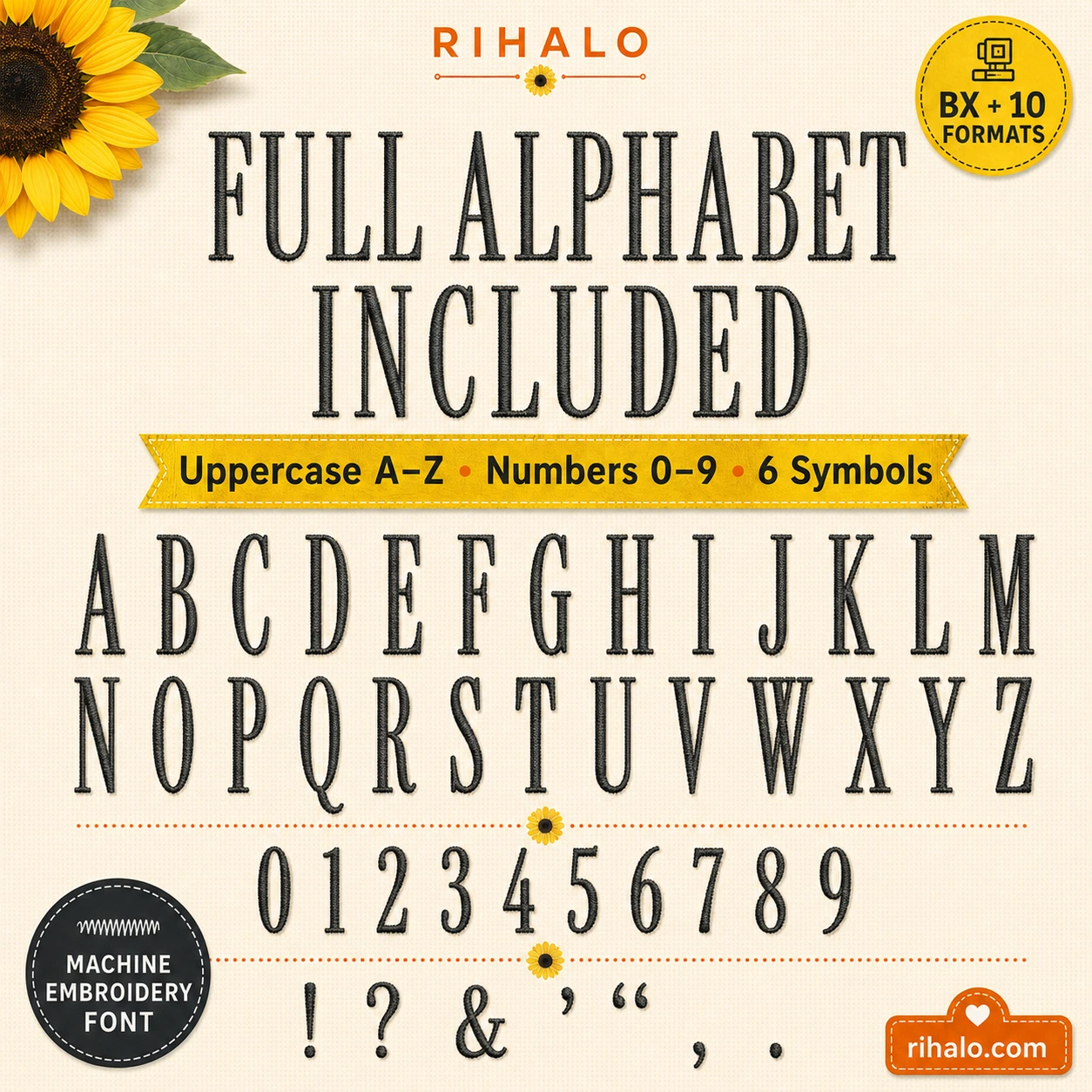 Simple Serif Tall embroidery alphabet A-Z with numbers 0-9 and punctuation symbols