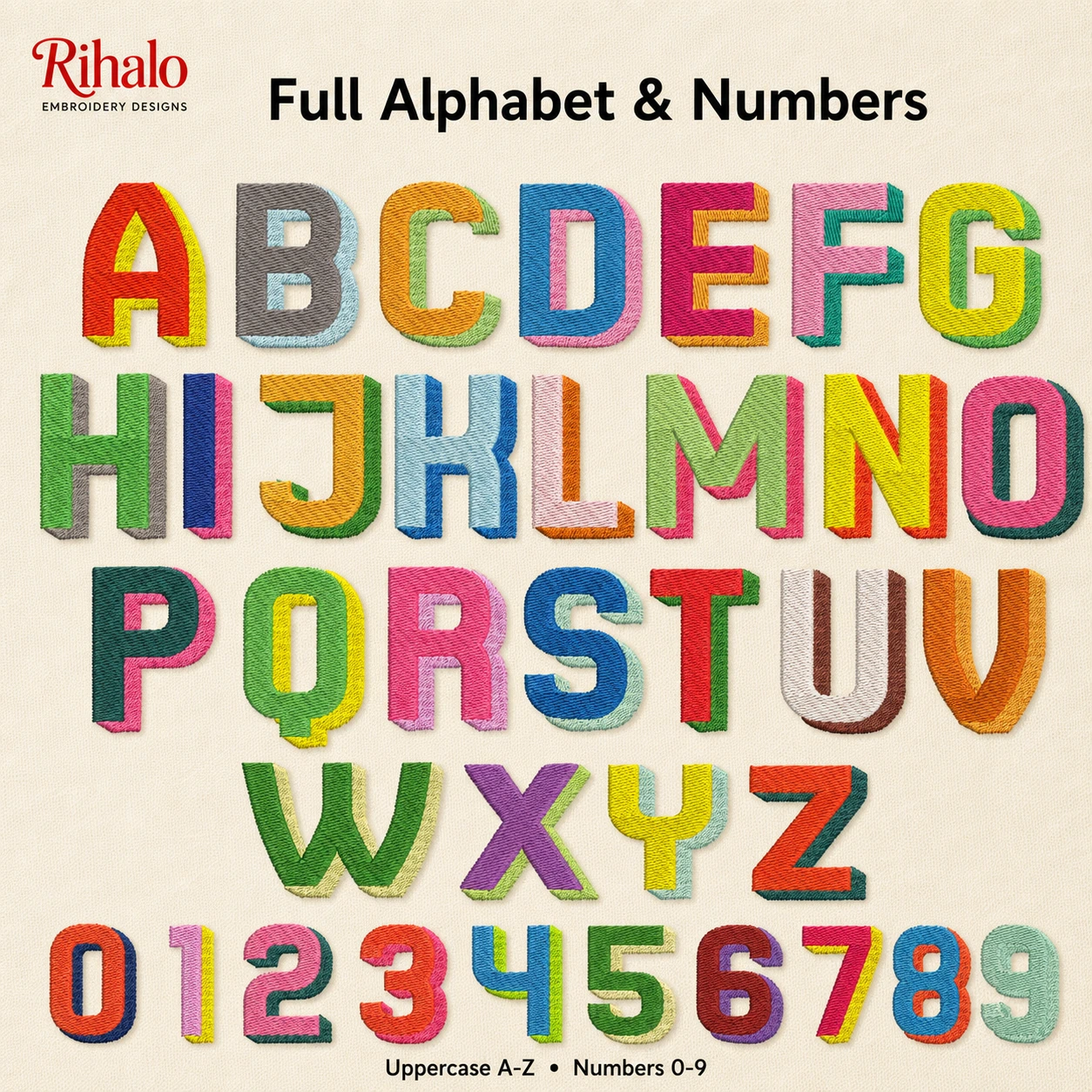 Shadow embroidery font alphabet A-Z and numbers 0-9