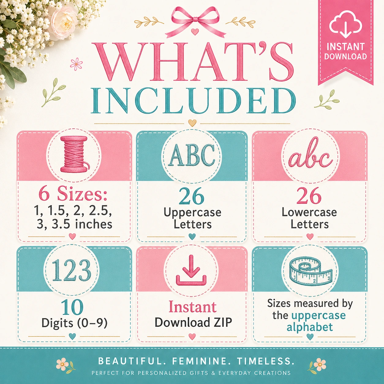 Audrey machine embroidery font with 6 sizes uppercase lowercase letters numbers and instant ZIP download