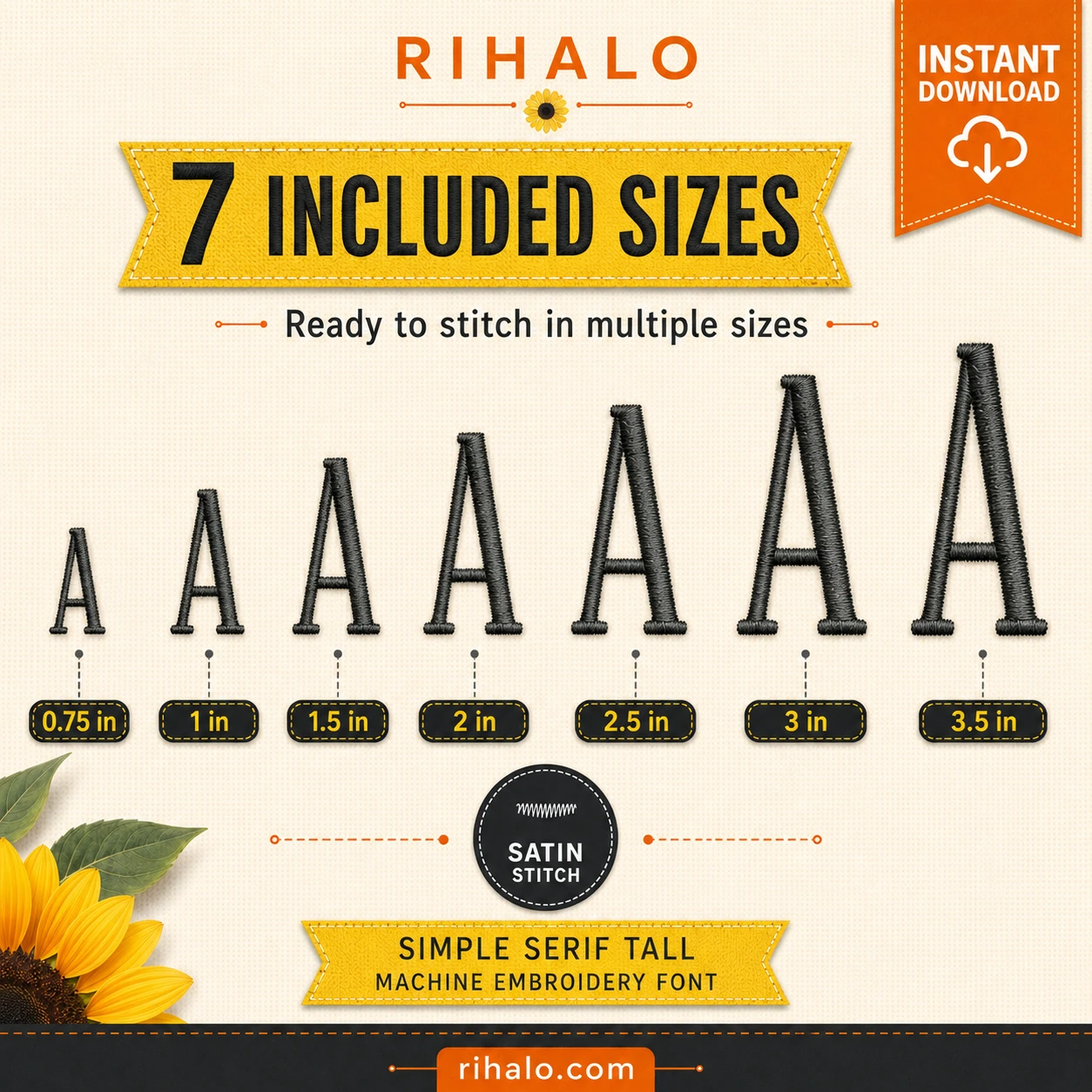 Simple Serif Tall machine embroidery font size comparison from 0.75 inch to 3.5 inches