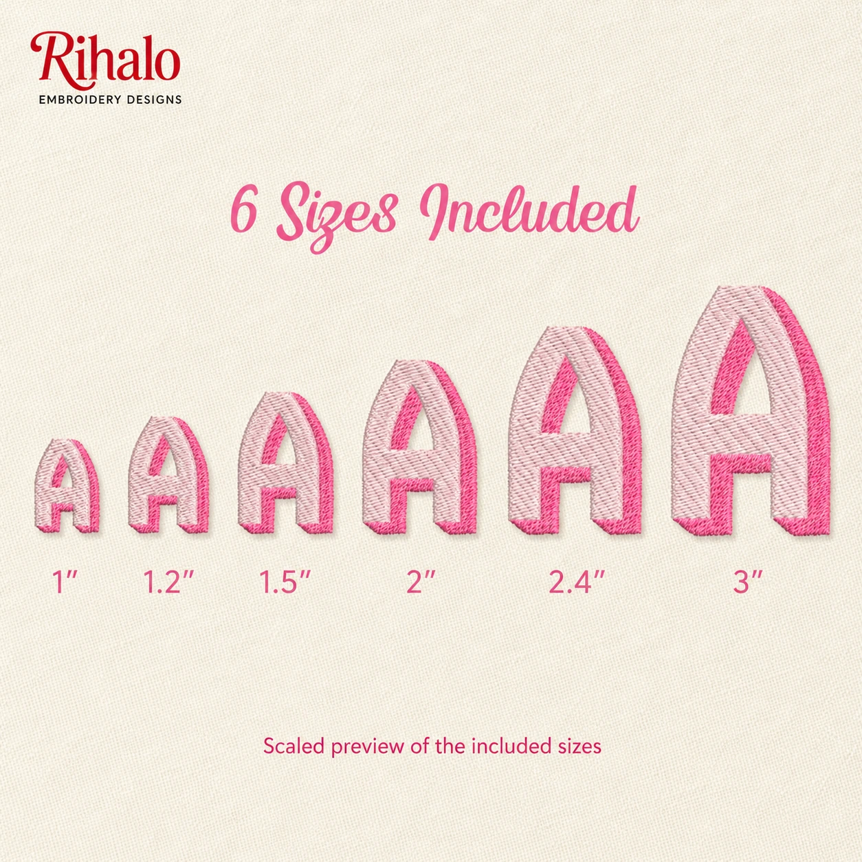 Shadow Block embroidery font in 6 sizes from 1 to 3 inches