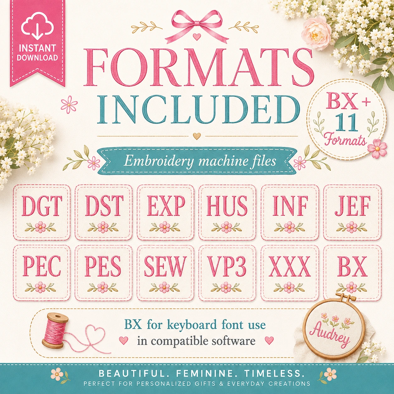 Audrey embroidery font formats DGT DST EXP HUS INF JEF PEC PES SEW VP3 XXX and BX