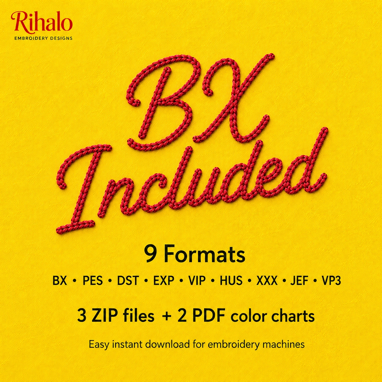 Chain Stitch embroidery font formats image showing BX, PES, DST, EXP, VIP, HUS, XXX, JEF and VP3