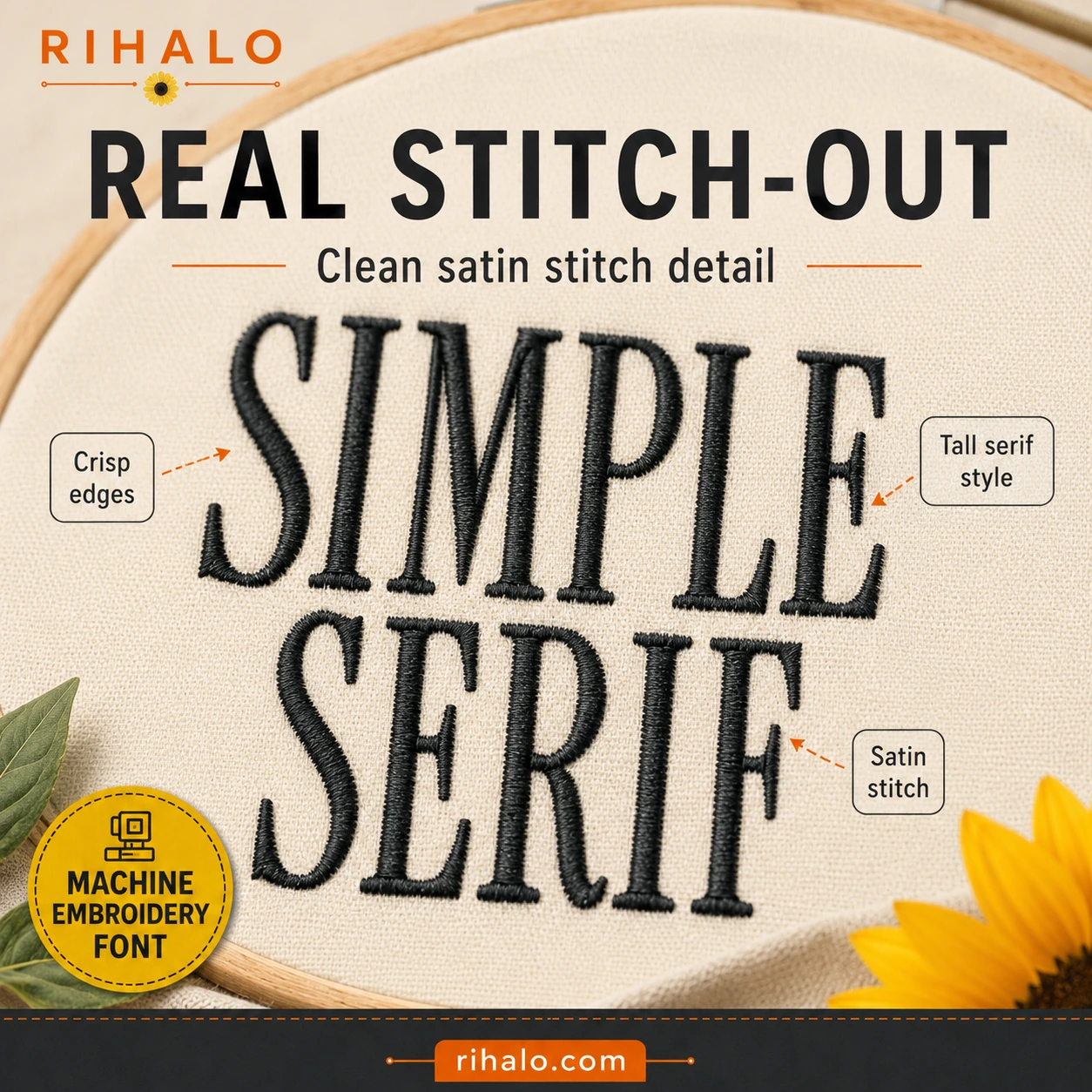Close-up real stitch-out of Simple Serif Tall embroidery font with satin stitch detail