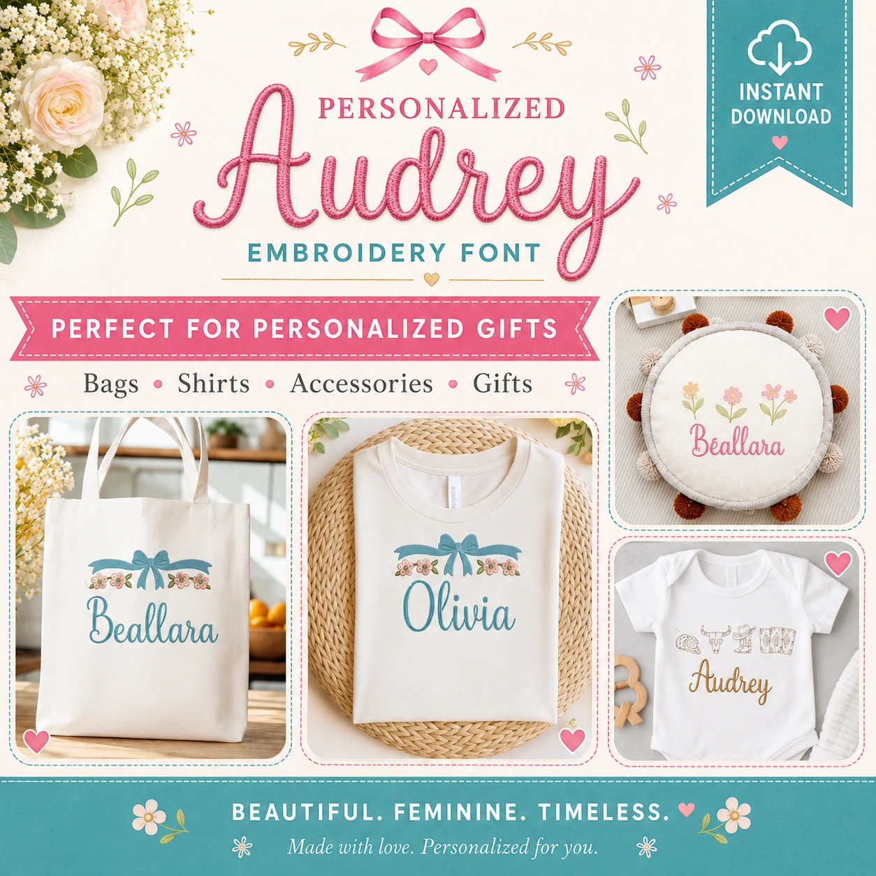 Audrey cursive embroidery font for personalized tote bags shirts accessories backpacks and gifts