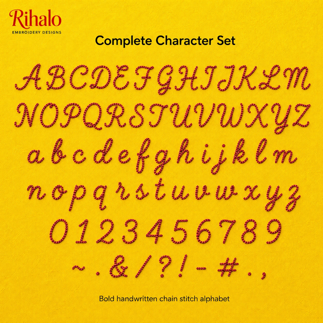 Complete character set of Chain Stitch machine embroidery font with letters, numbers and punctuation