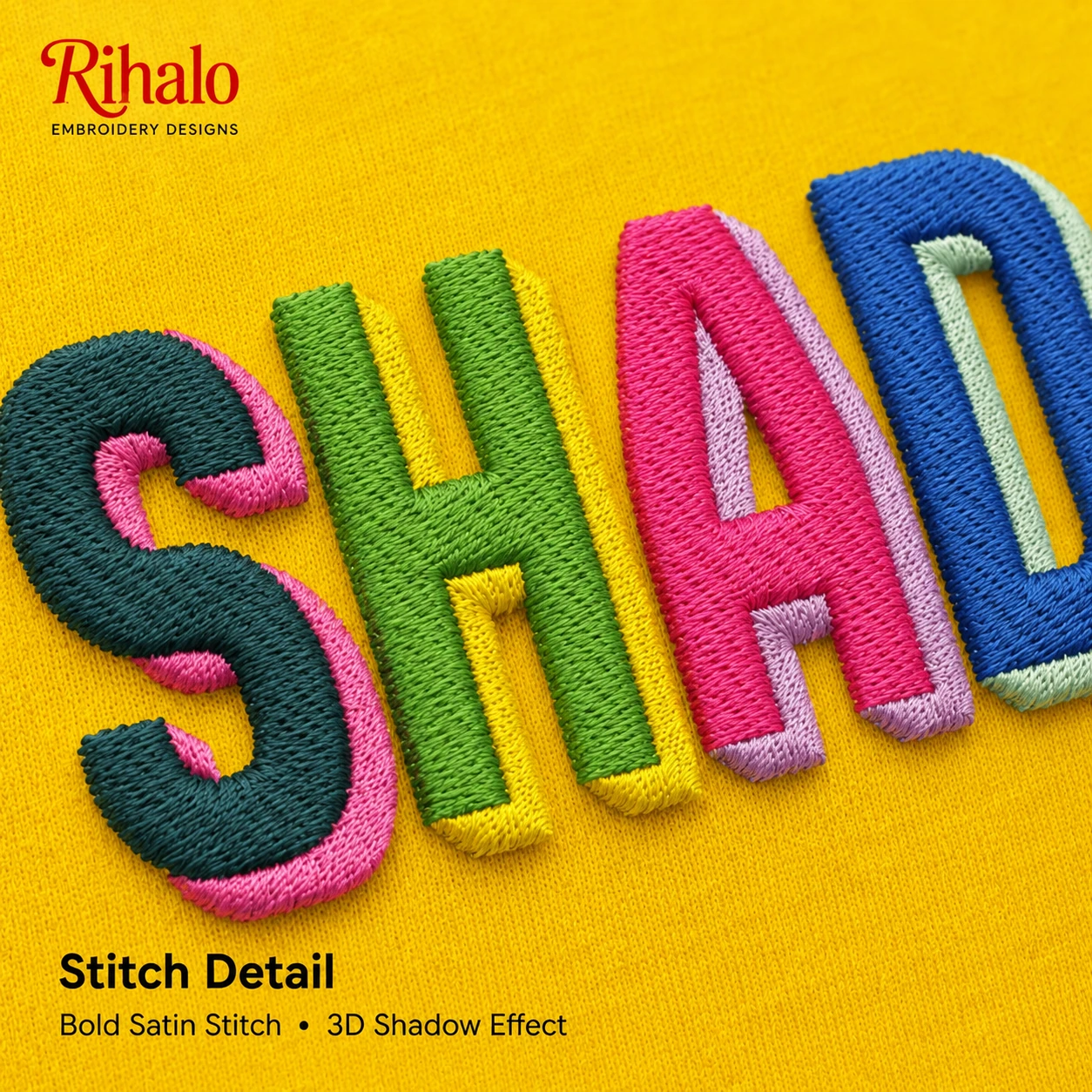 Close-up shadow block embroidery font satin stitch detail