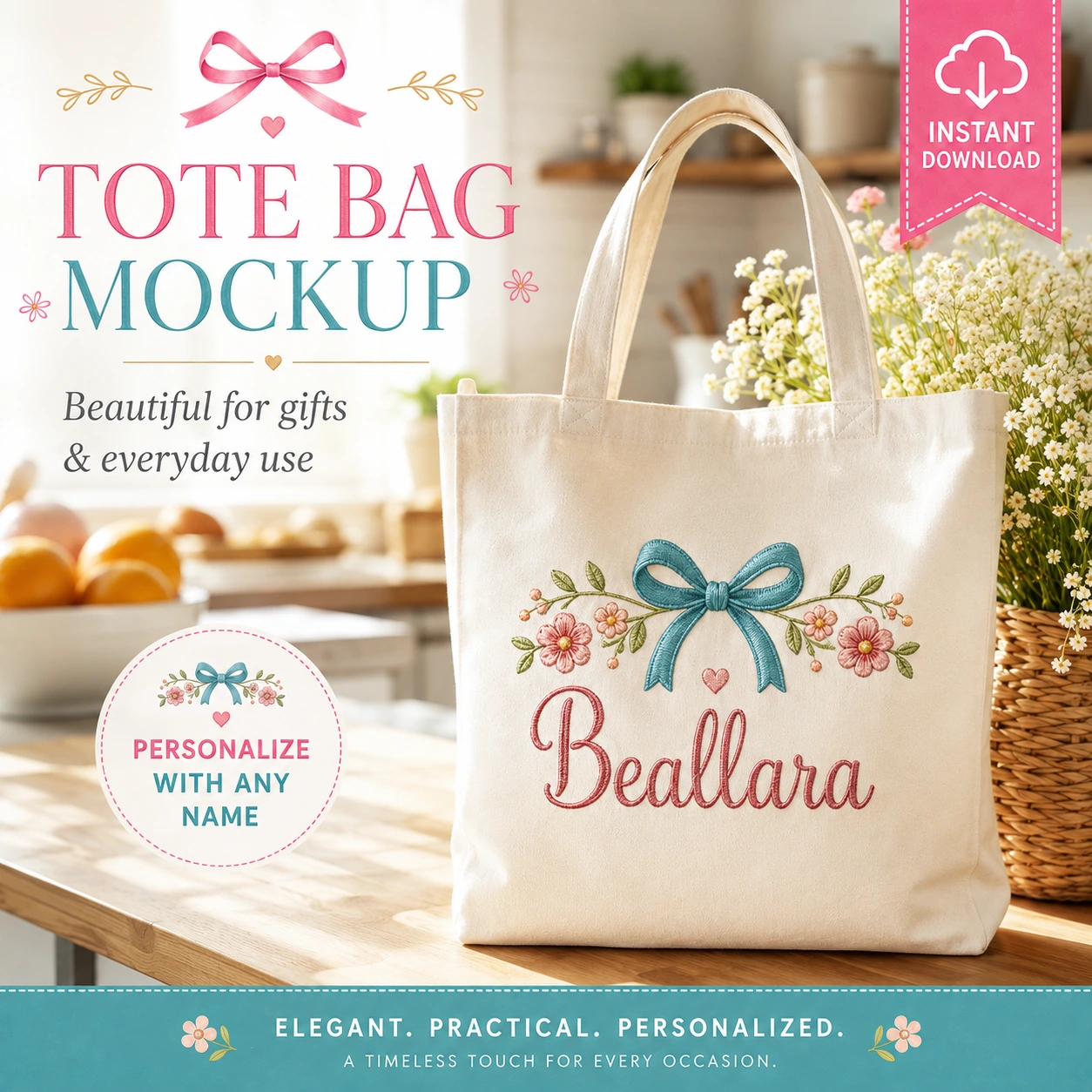 Personalized tote bag mockup using Audrey cursive script machine embroidery font