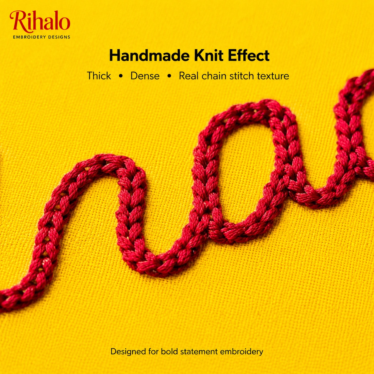 Close-up detail of thick dense chain stitch embroidery texture on yellow fabric