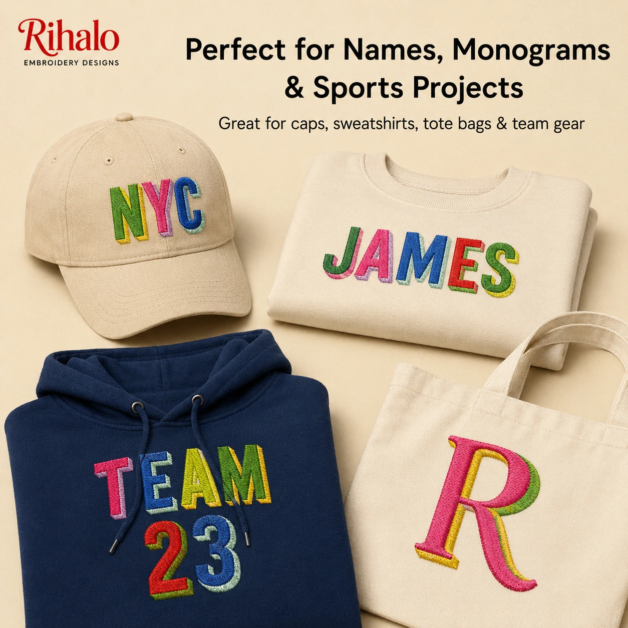 Shadow embroidery font for names monograms sportswear caps and bags