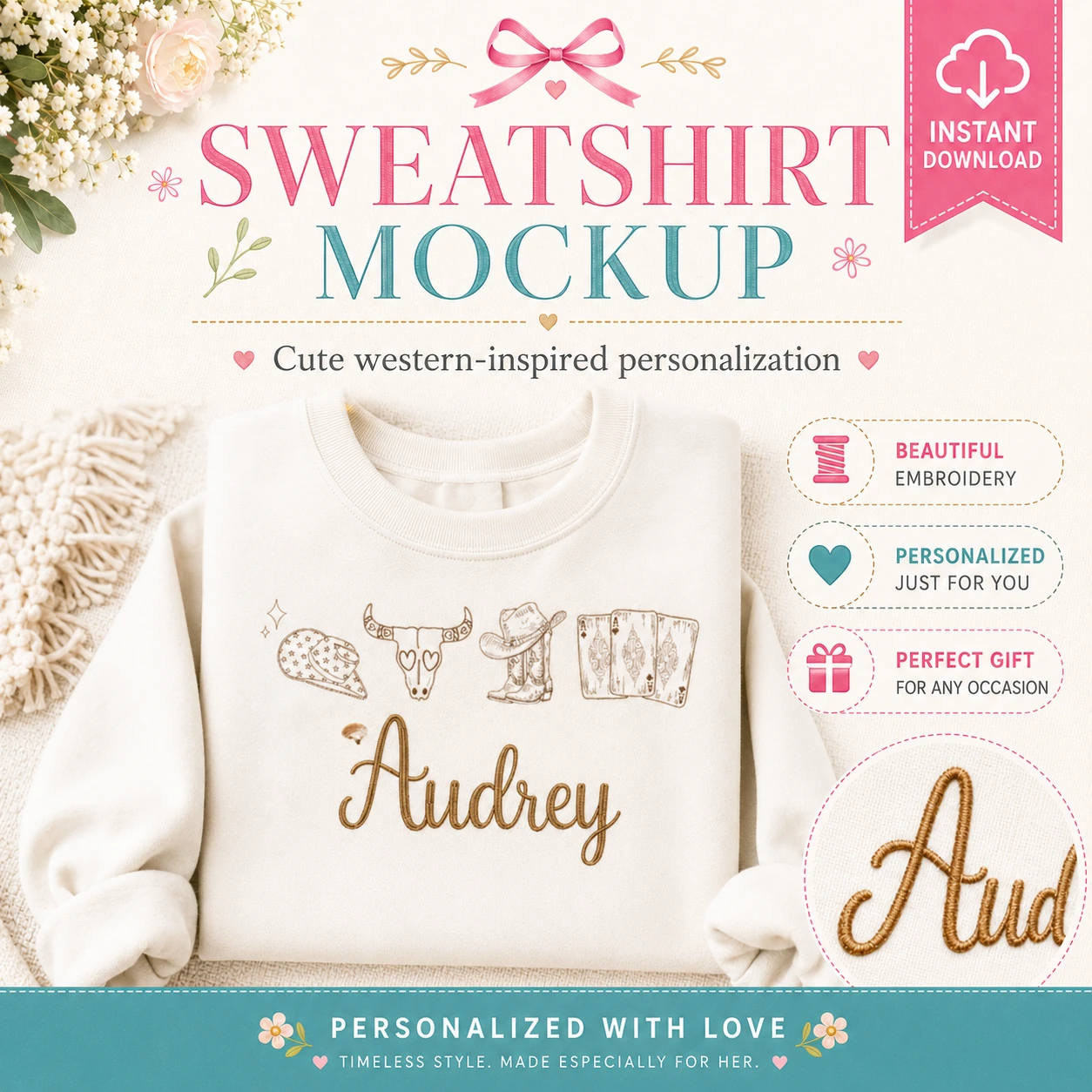 Personalized sweatshirt mockup with Audrey cursive embroidery name font and western design