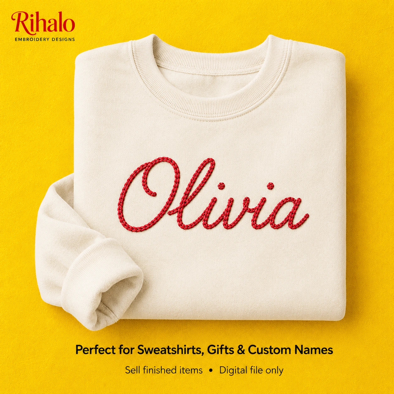 Sweatshirt mockup showing red Chain Stitch embroidery name design for apparel and gifts