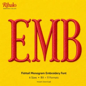 Red Fishtail Monogram EMB machine embroidery font stitched on bright yellow fabric with Rihalo branding.