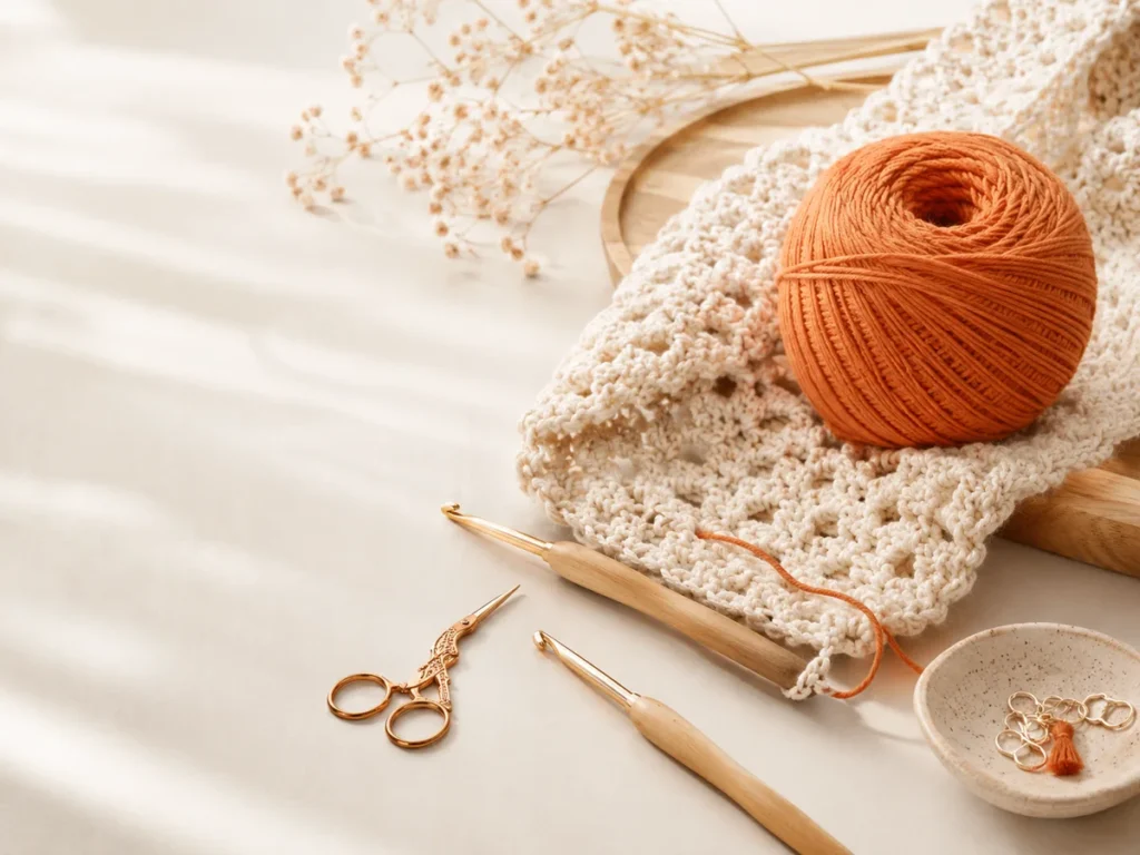 Crochet hooks, orange yarn and cream crochet project on a craft table