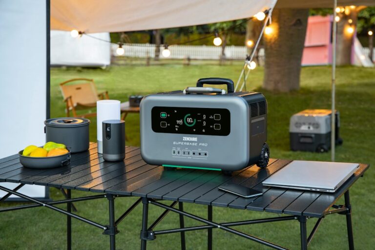 Portable power station in an outdoor camping setup