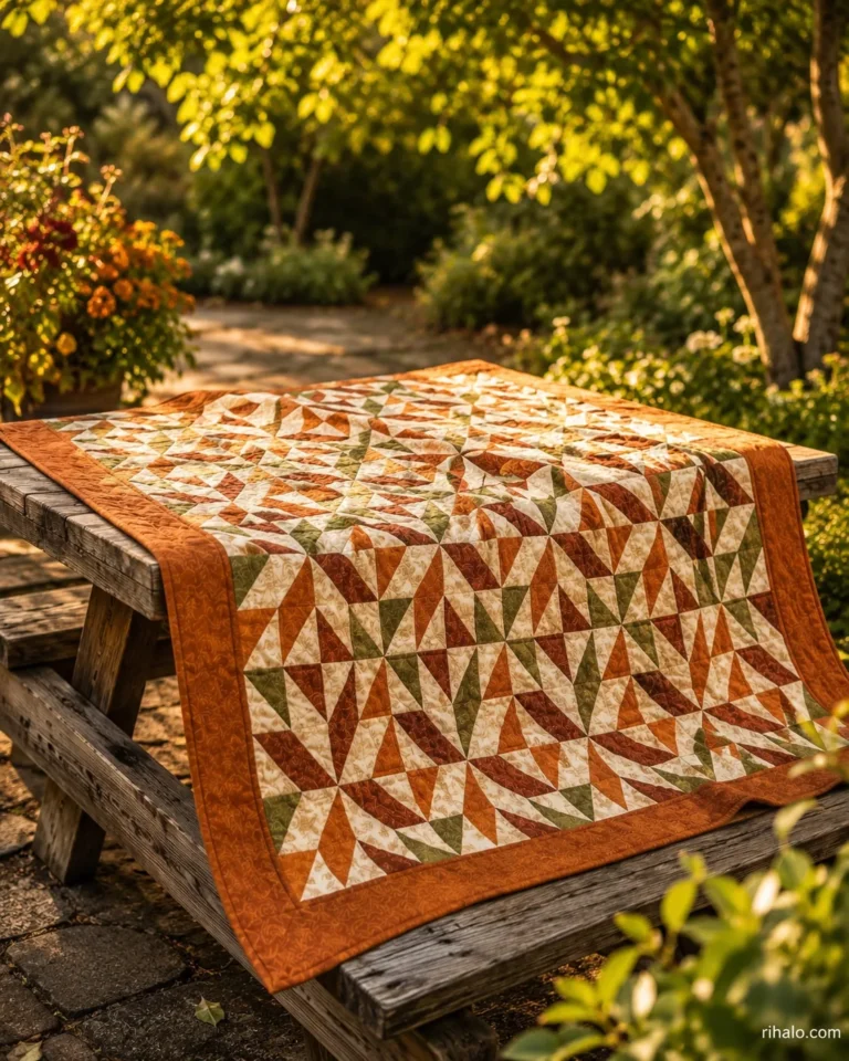 Autumn pinwheel quilt in a sunlit garden