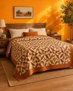 Sunlit autumn patchwork bedroom