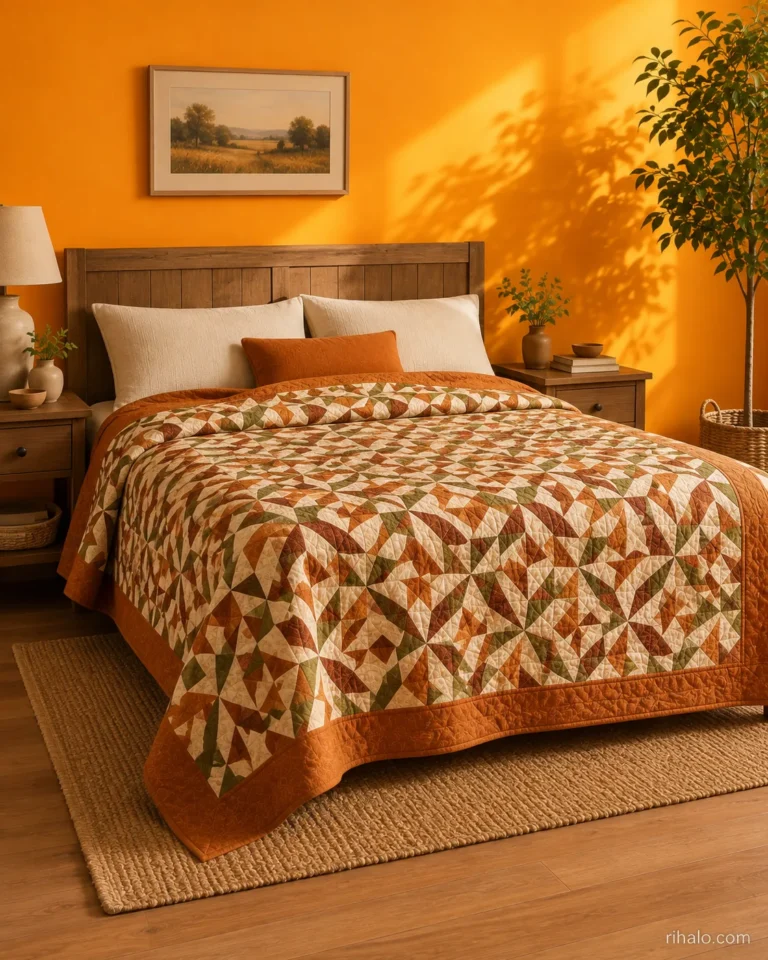 Sunlit autumn patchwork bedroom